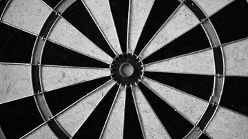 Zielscheibe mit schwarz-weißen Segmenten, zentraler Punkt sichtbar.